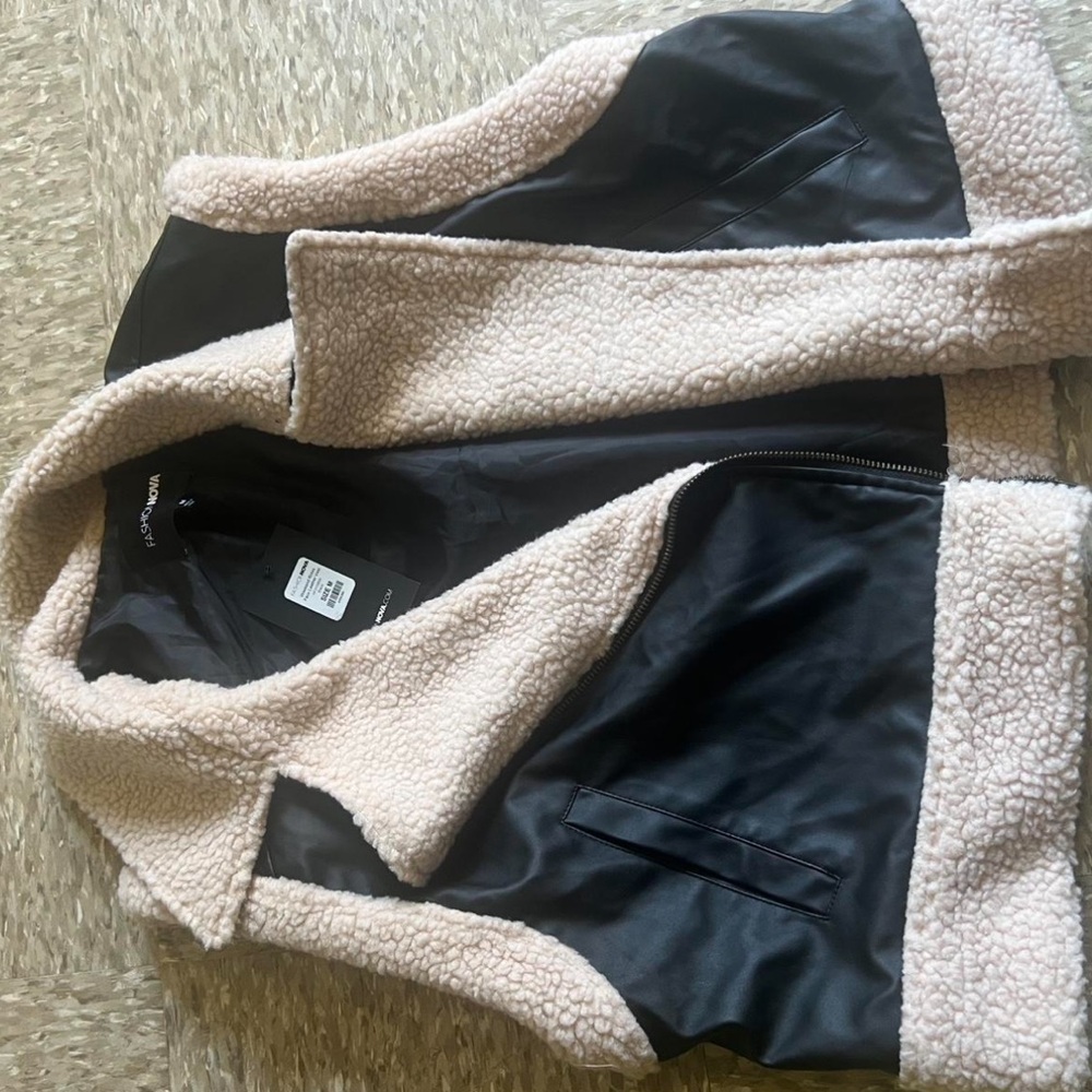 Fashion Nova Black and Beige Shearling Jacket